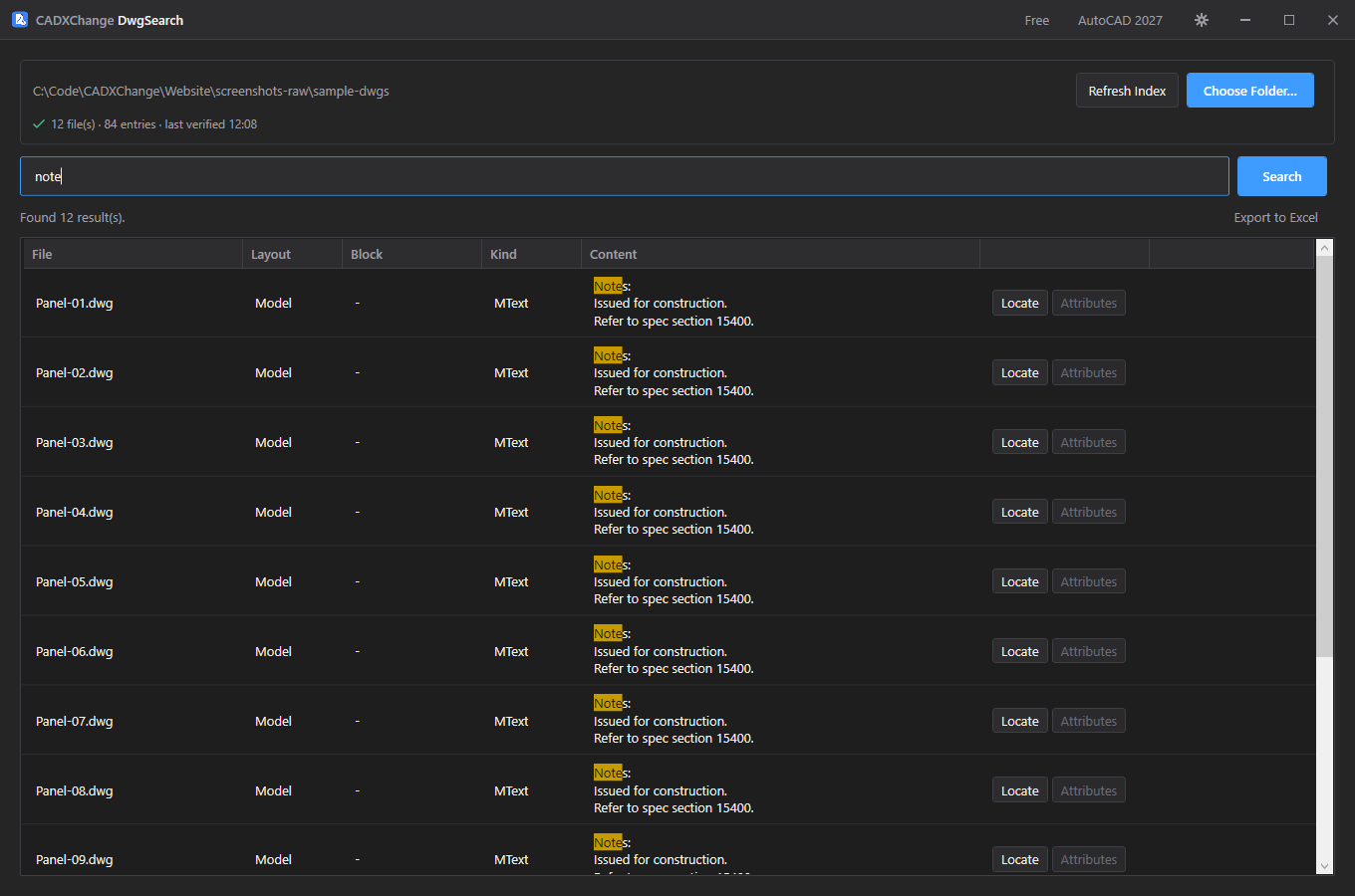 A folder indexed, a keyword searched — file, layout, block and content results with the match highlighted.