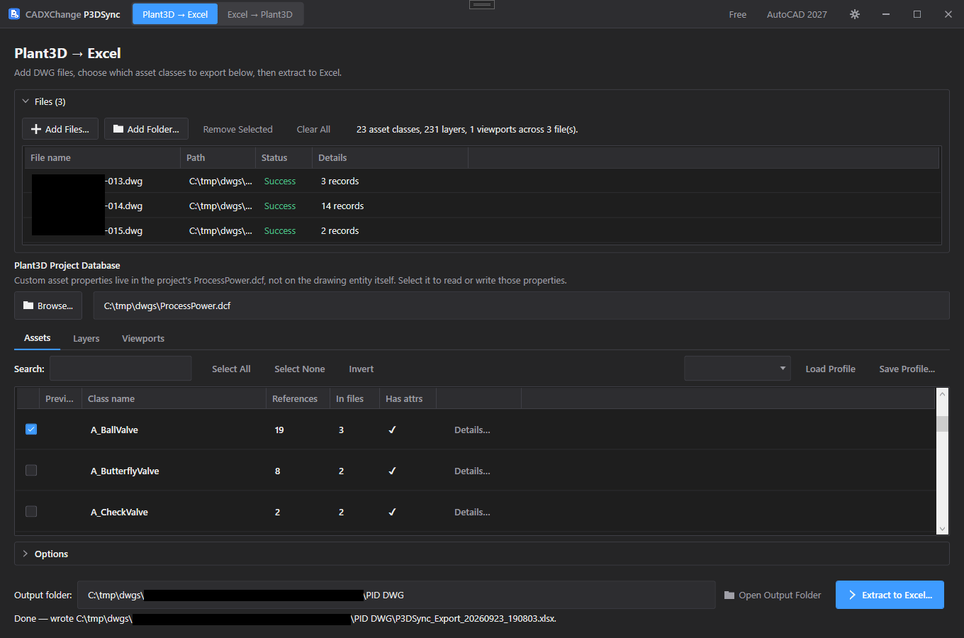3 drawings scanned, 23 asset classes found — Files, asset class list and extract in one screen.