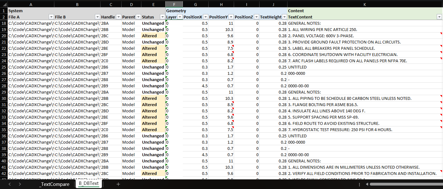 The exported Excel workbook listing every added, removed and modified text and block entry from a TextCompare comparison run