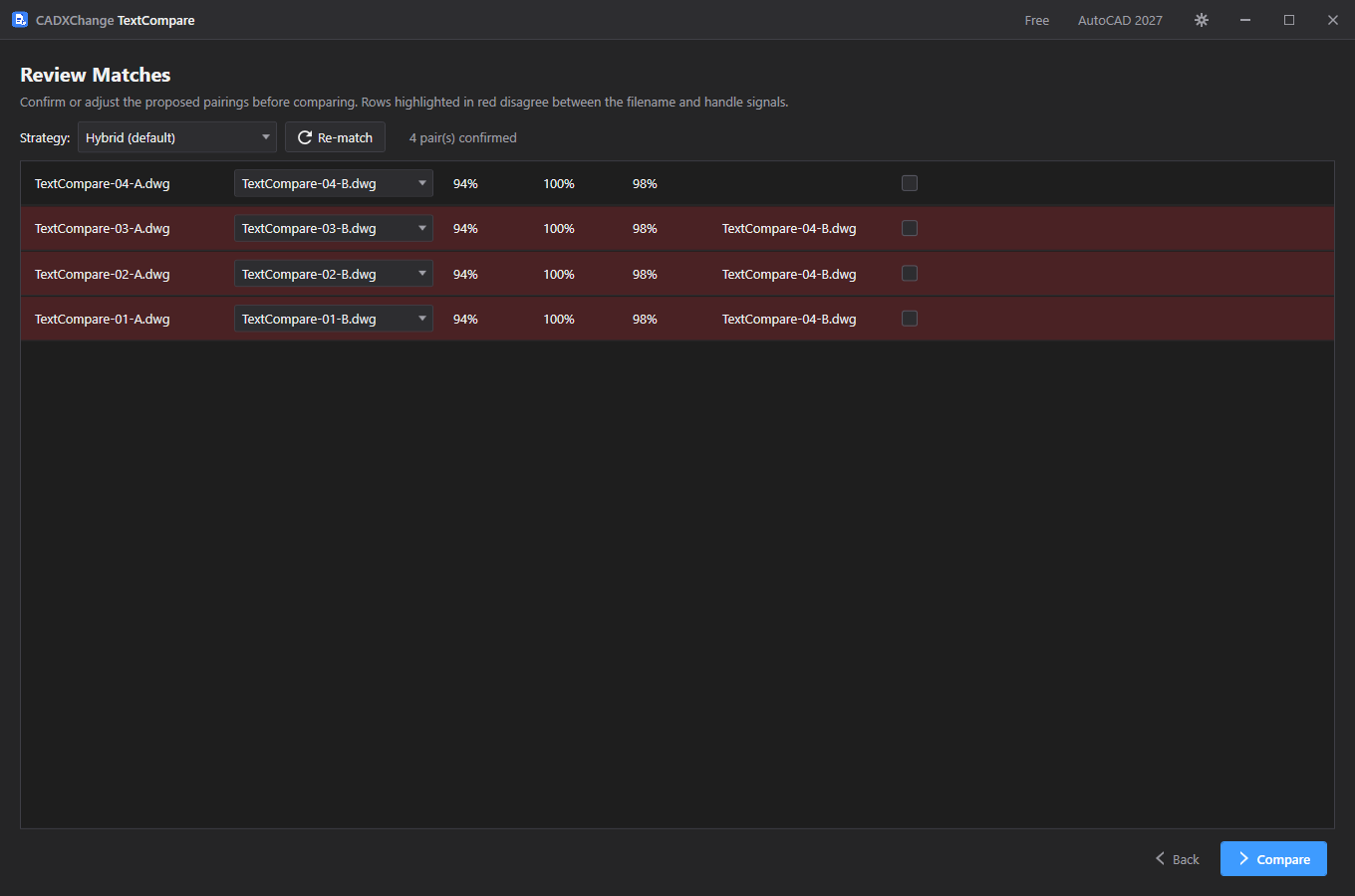 TextCompare's Review Matches screen showing File A next to a proposed File B match, with filename, handle and combined confidence scores