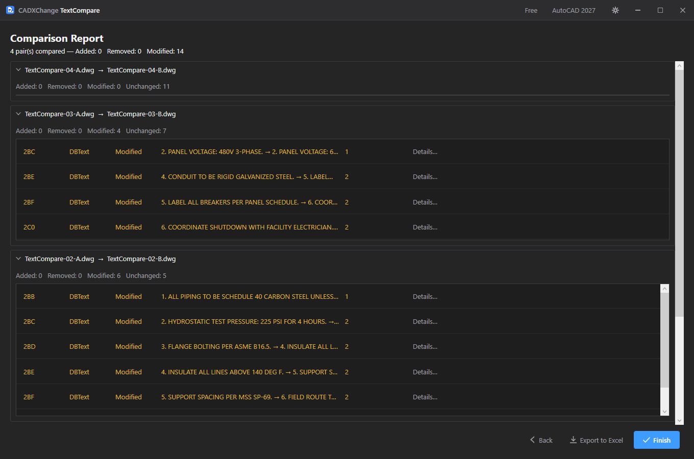 TextCompare's Comparison Report screen with per-file groups of changed, added and removed text and block entries