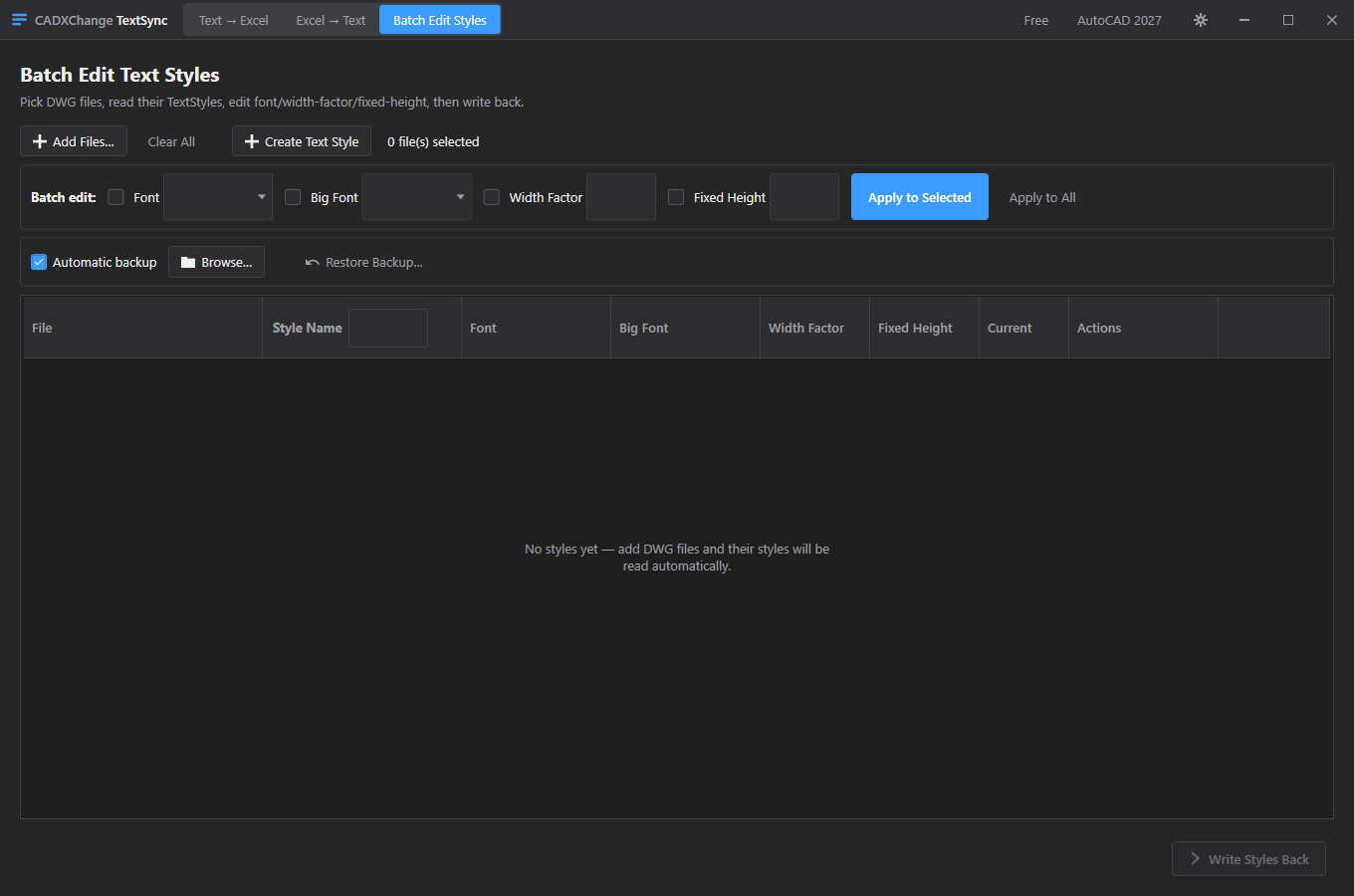 TextSync's Batch Edit Text Styles screen with an empty style table
