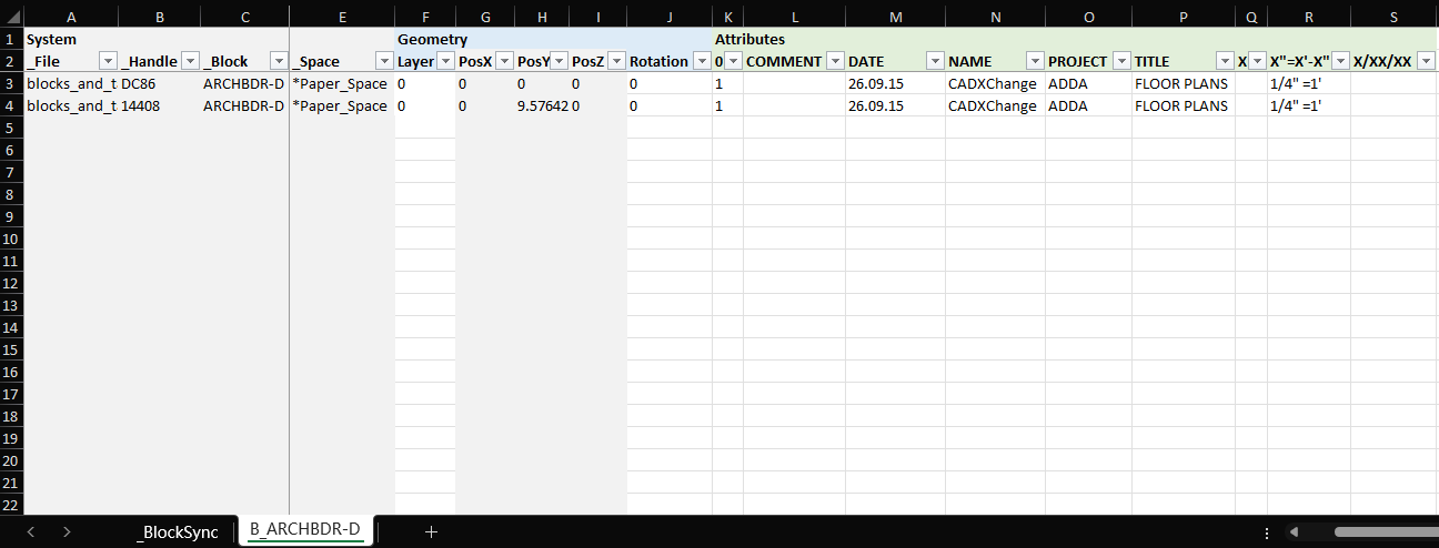 Excel workbook exported by BlockSync, showing DATE, NAME, PROJECT and TITLE attribute columns for the ARCHBDR-D block