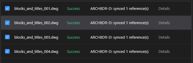 BlockCopy's target list after the sync, with ARCHBDR-D synced successfully in each of the four drawings