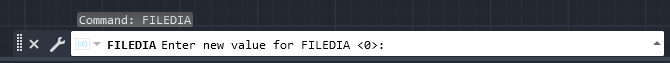The command line after typing FILEDIA, showing Enter new value for FILEDIA with the current value 0 in angle brackets