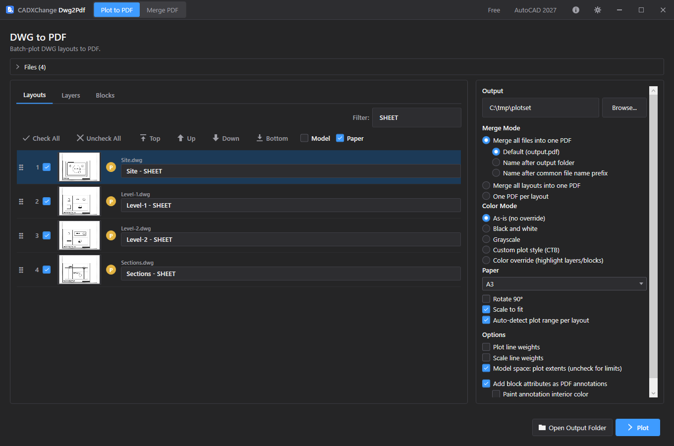 The same layout list after moving Site to the top: Site is now 1, Level-1 is 2, Level-2 is 3 and Sections is 4