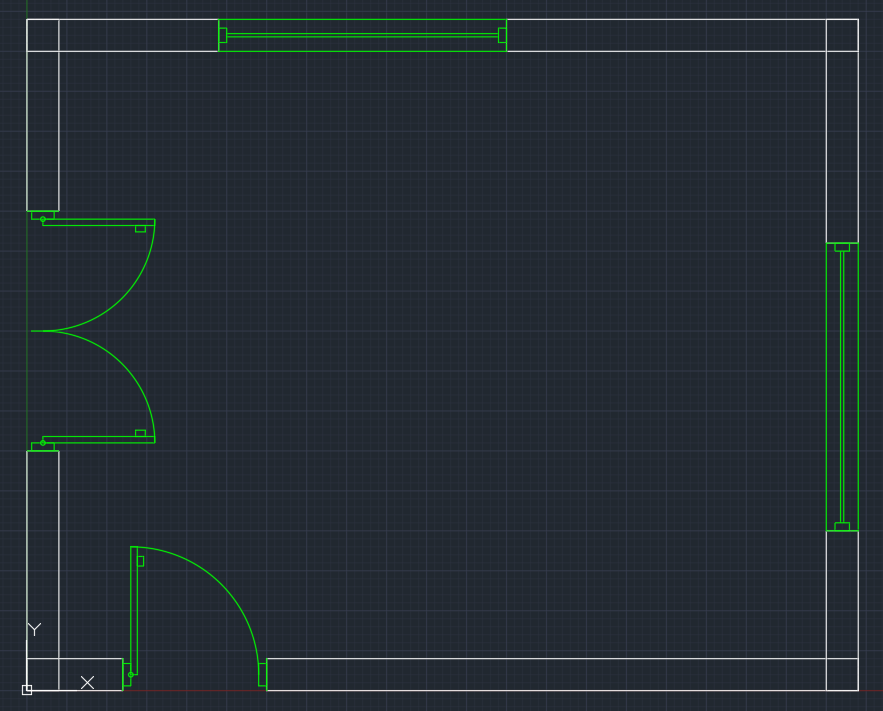 A wall plan in AutoCAD with a single door in the bottom wall, a double door on the left, and fixed windows in the top and right walls, each filling its opening between the wall ends