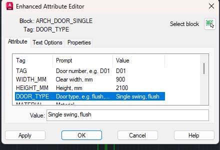 The Enhanced Attribute Editor in AutoCAD open on the block ARCH_DOOR_SINGLE, with TAG D01, WIDTH_MM 900, HEIGHT_MM 2100 and DOOR_TYPE Single swing, flush filled in
