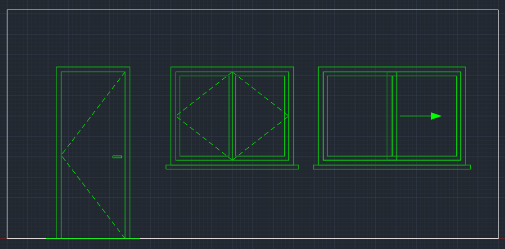 A wall elevation in AutoCAD with a flush door at floor level, a double casement window and a sliding window at sill height