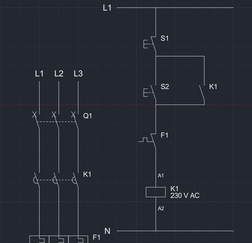 The control circuit in AutoCAD: stop button S1, start button S2 with the self-holding contact K1 in parallel, the thermal contact F1 and the coil K1 in one branch between the L1 and N lines