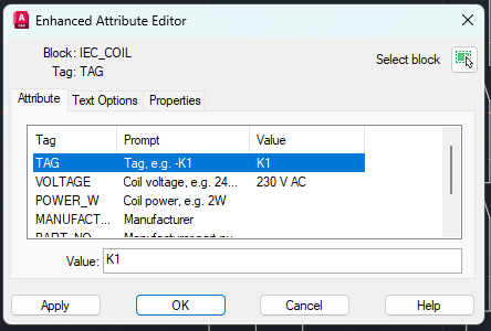 AutoCAD's Enhanced Attribute Editor open on the contactor coil block IEC_COIL, with the TAG value K1 and the VOLTAGE value 230 V AC in the attribute list