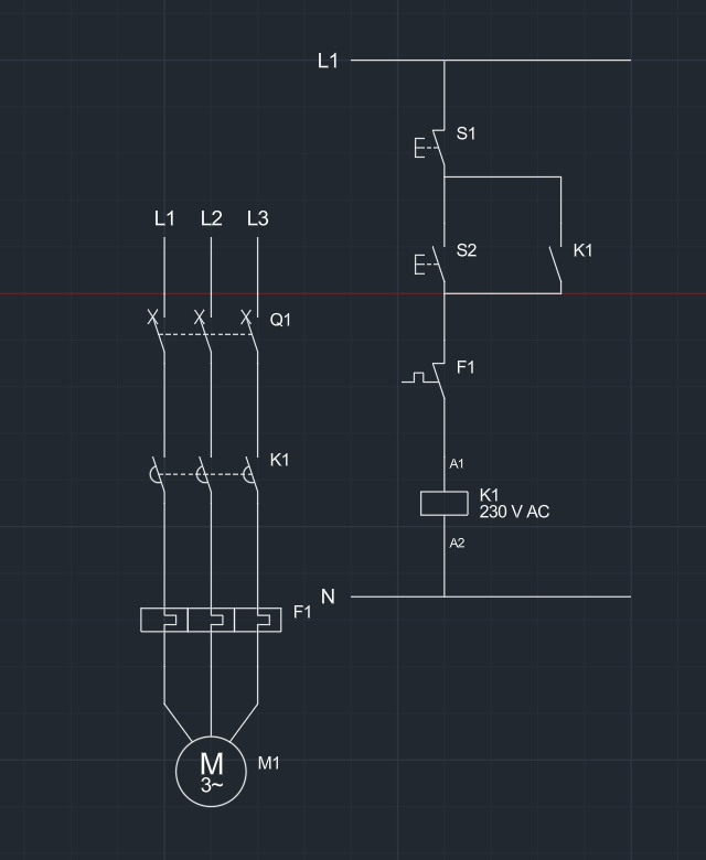 The finished motor starter in AutoCAD: power circuit with Q1, K1, F1 and motor M1 on the left, start-stop control circuit with S1, S2, K1, F1 and coil K1 on the right