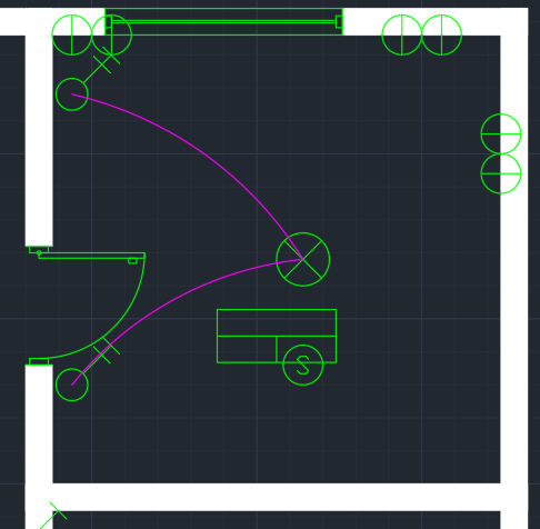 AutoCAD 평면도의 침실. 천장 조명 하나, 문과 침대 두 곳에 3로 스위치가 있고 각각 곡선으로 조명에 이어져 있으며, 벽에는 2구 콘센트가 있음
