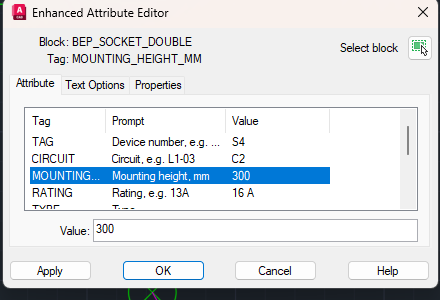 AutoCAD의 고급 속성 편집기가 블록 BEP_SOCKET_DOUBLE에서 열려 있고, TAG에 S4, CIRCUIT에 C2, MOUNTING_HEIGHT_MM에 300, RATING에 16 A가 입력되어 있음