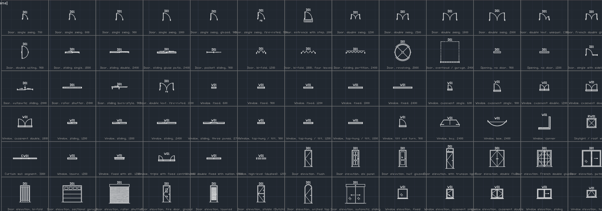 The door and window library opened in AutoCAD: a grid of 88 symbols in model space, each with a tag such as D01 or W01 above it and a description such as Door, single swing, 900 below it