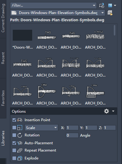 AutoCAD's Blocks palette on the Libraries tab showing the door and window library, with a grid of block previews and the Options section underneath