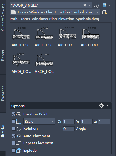 The Blocks palette with *DOOR_SINGLE* typed into the Filter box, showing six single-swing door blocks