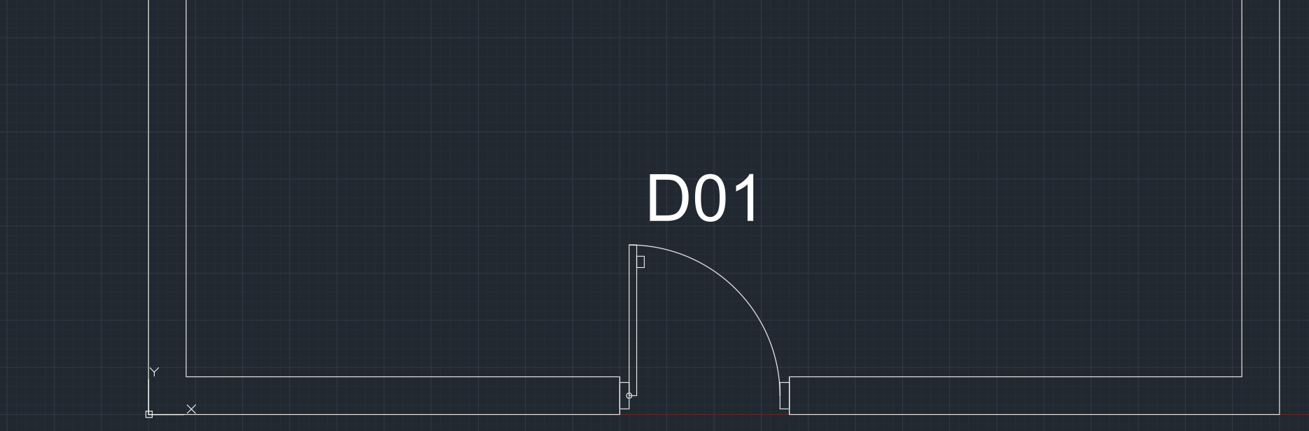 The 900 mm door placed in an opening in a wall in AutoCAD, hinge on the wall centre line, leaf swinging into the room, with the tag D01 above it