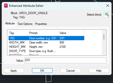 AutoCAD's Enhanced Attribute Editor for the ARCH_DOOR_SINGLE block, with TAG set to D01, WIDTH_MM to 900 and HEIGHT_MM to 2100, and DOOR_TYPE and MATERIAL listed below