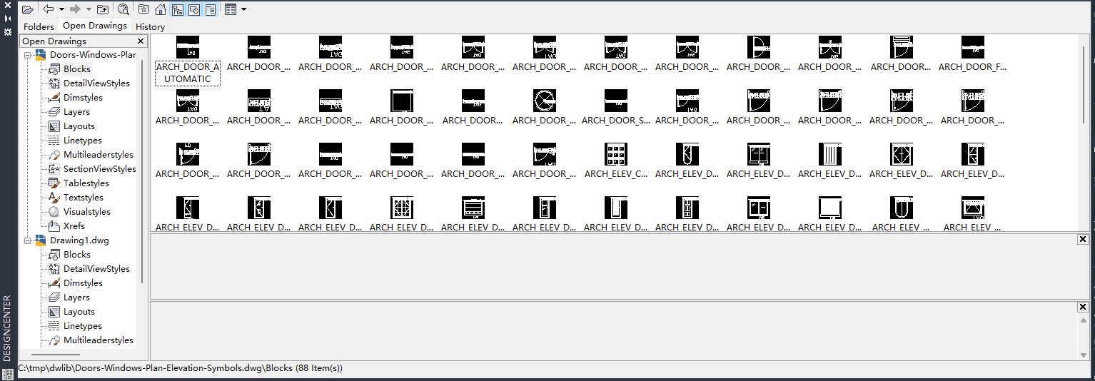 DesignCenter de AutoCAD en la pestaña Open Drawings, con el nodo Blocks de la biblioteca de puertas y ventanas seleccionado y 88 bloques listados como iconos; la barra de estado indica 88 elementos