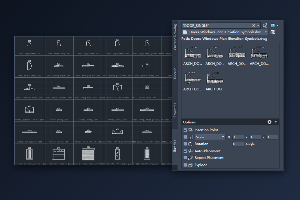 AutoCAD's Blocks palette on the Libraries tab, filtered to the single-swing door blocks of a door and window library, next to the library's catalog drawing
