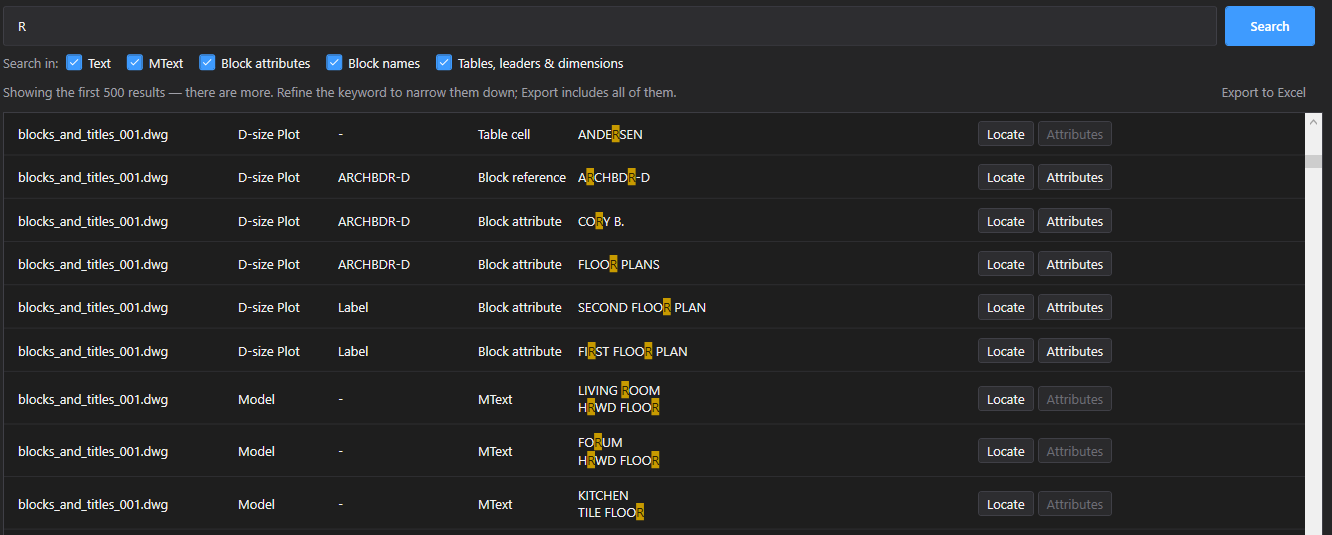 DwgSearch results for the one-letter keyword R, mixing a table cell, a block reference, block attributes and MText, with a note that only the first 500 results are shown