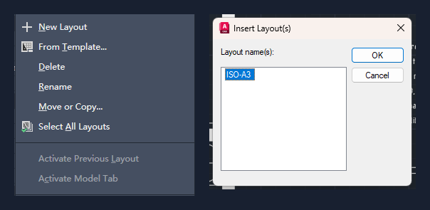 El menú contextual de una pestaña de presentación en AutoCAD con From Template resaltado, junto al cuadro Insert Layout(s) con la presentación ISO-A3 seleccionada