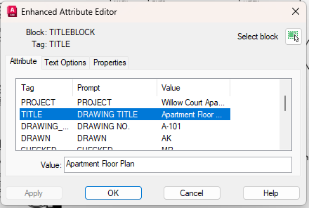 El Editor de atributos mejorado de AutoCAD abierto sobre el bloque TITLEBLOCK, con valores en COMPANY, PROJECT, TITLE, DRAWING_NO y DRAWN