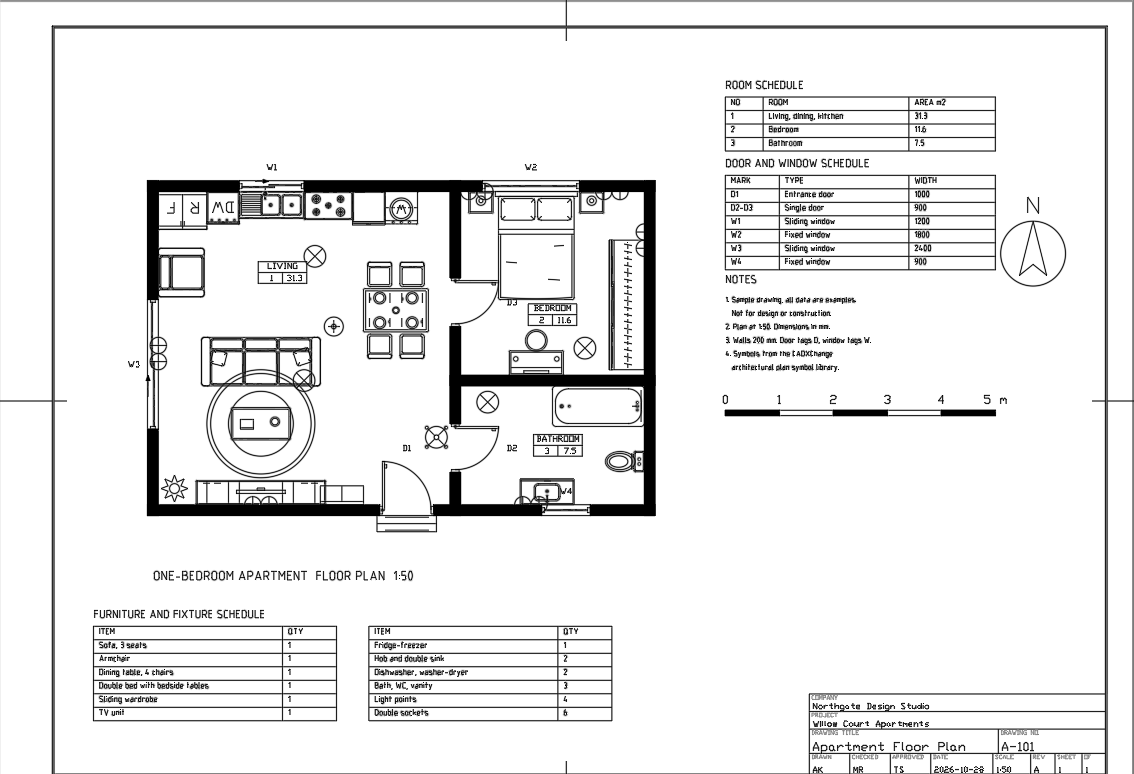 Una presentación ISO A3 terminada en AutoCAD: la planta de un apartamento de un dormitorio a 1:50 dentro del marco, las tablas de estancias y puertas, una escala gráfica y el cajetín relleno abajo a la derecha