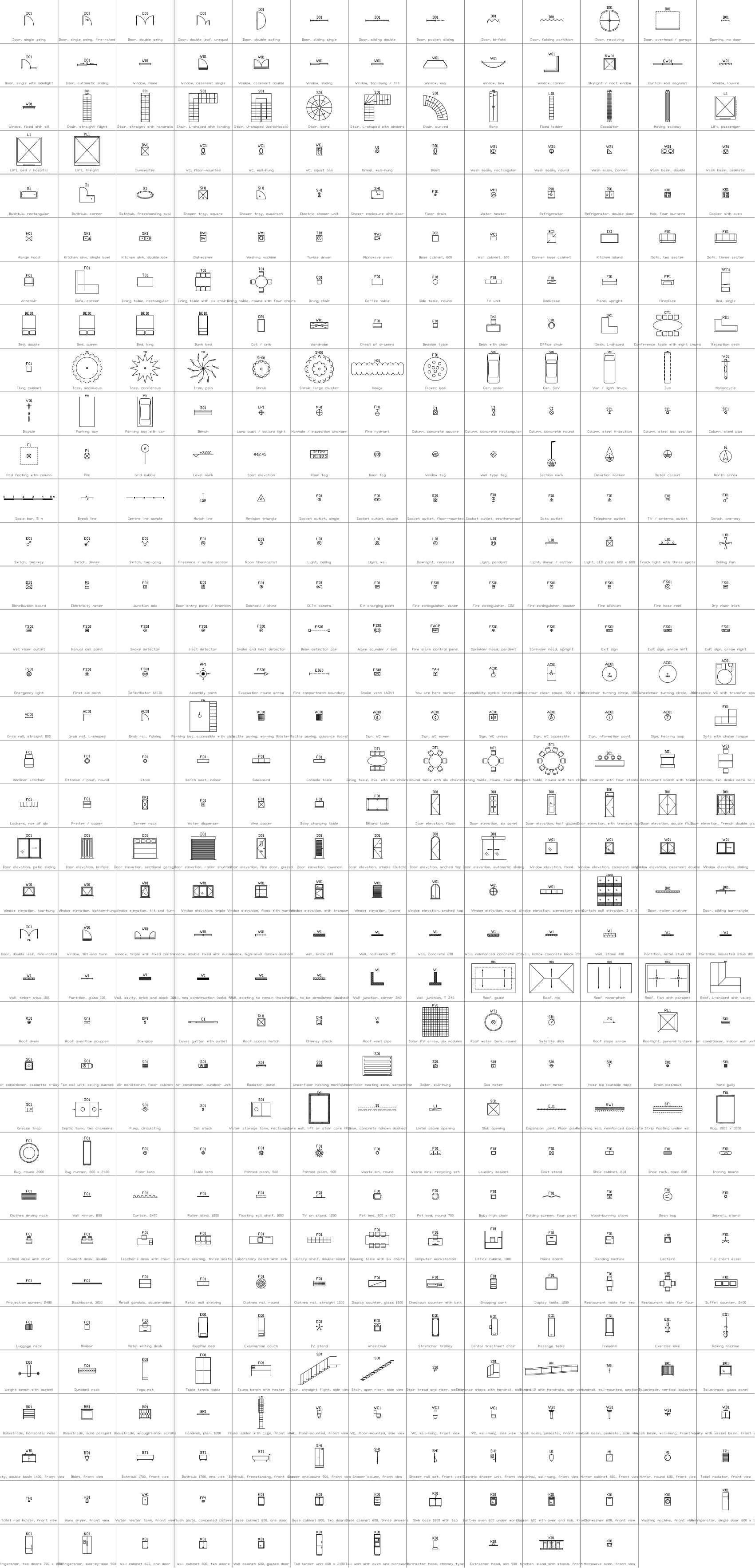 Katalogblatt der 466 Architektur-Grundrisssymbole in der DWG-Bibliothek