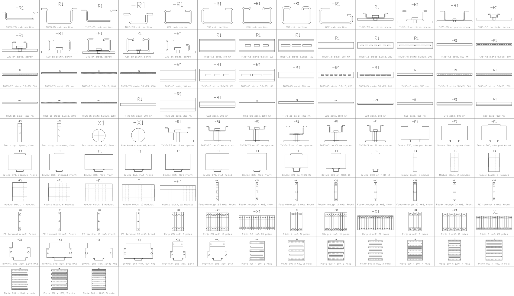 Catalog sheet of the 120 DIN rail symbols in the DWG library