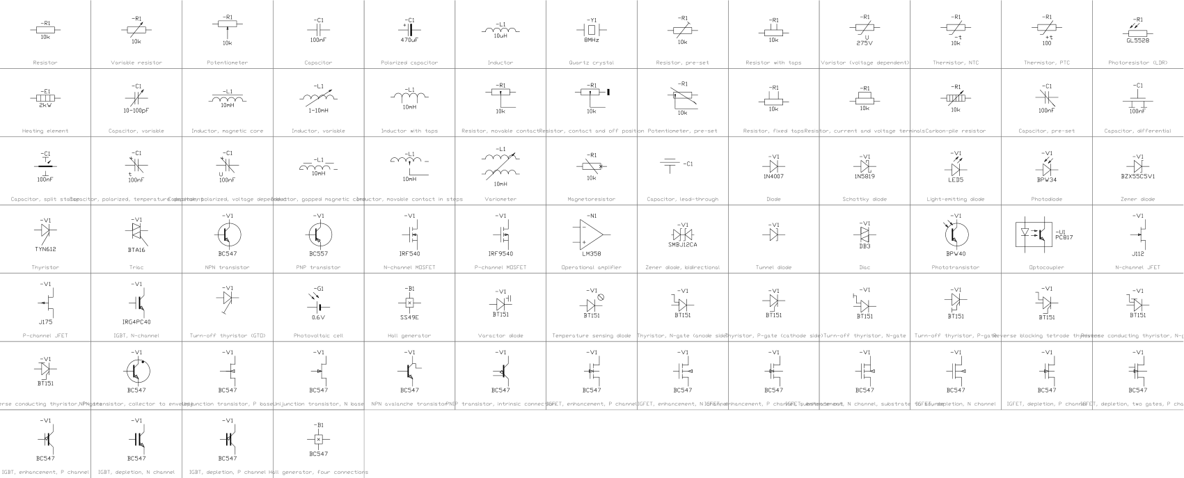 Katalogblatt der 493 Elektrosymbole im Stil der IEC 60617 in der DWG-Bibliothek
