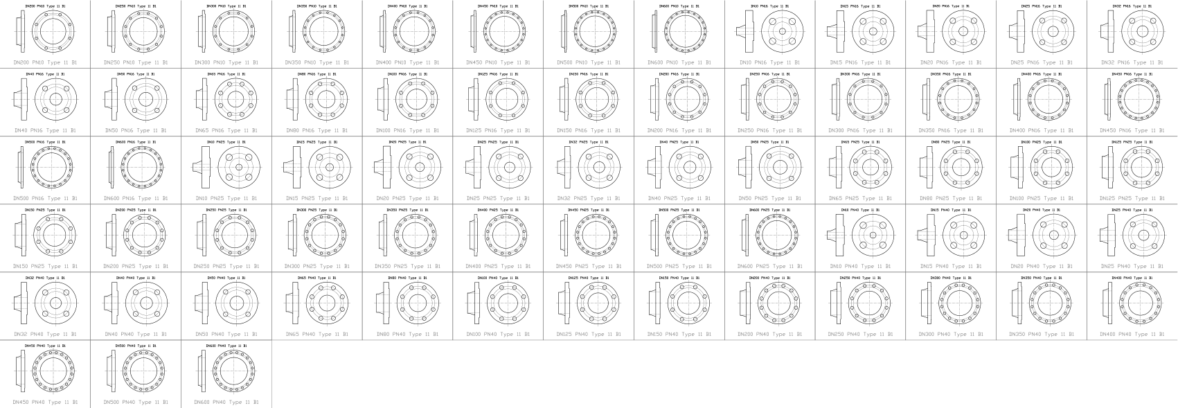 Catalog sheet of the 68 EN 1092-1 weld neck flange blocks in the DWG library