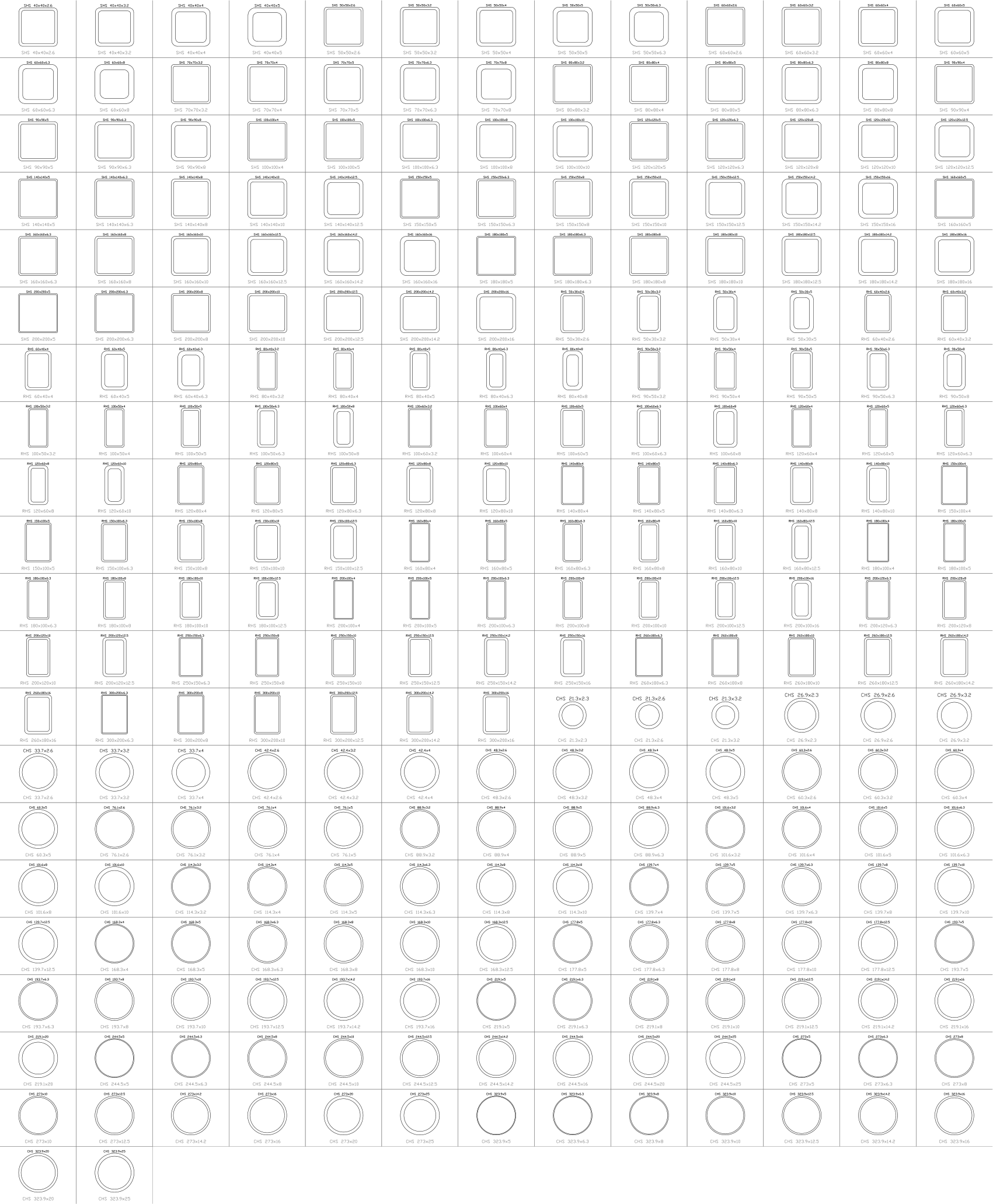 Planche de catalogue des 262 blocs de profils creux en acier de la bibliothèque DWG