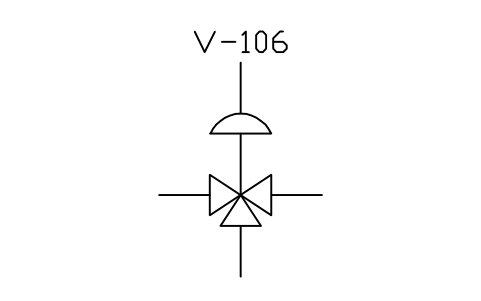 符号 3-way valve, diaphragm actuator 的预览，块名 ISX_X2102_3_WAY_VALVE_DIAPHRAGM_ACTUATOR