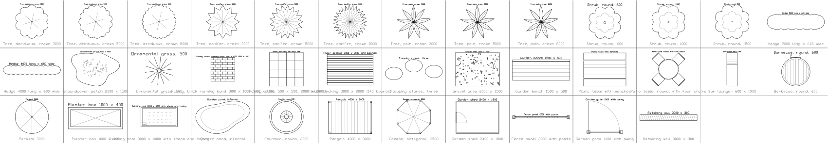 Catalog sheet of the 37 landscape plan symbols in the DWG library