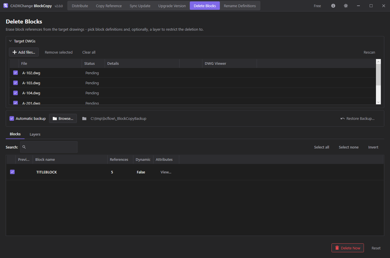 BlockCopy'nin Delete Blocks ekranı: hedef dosyalar, taranmış blok listesi ve layer filtresi sekmesi