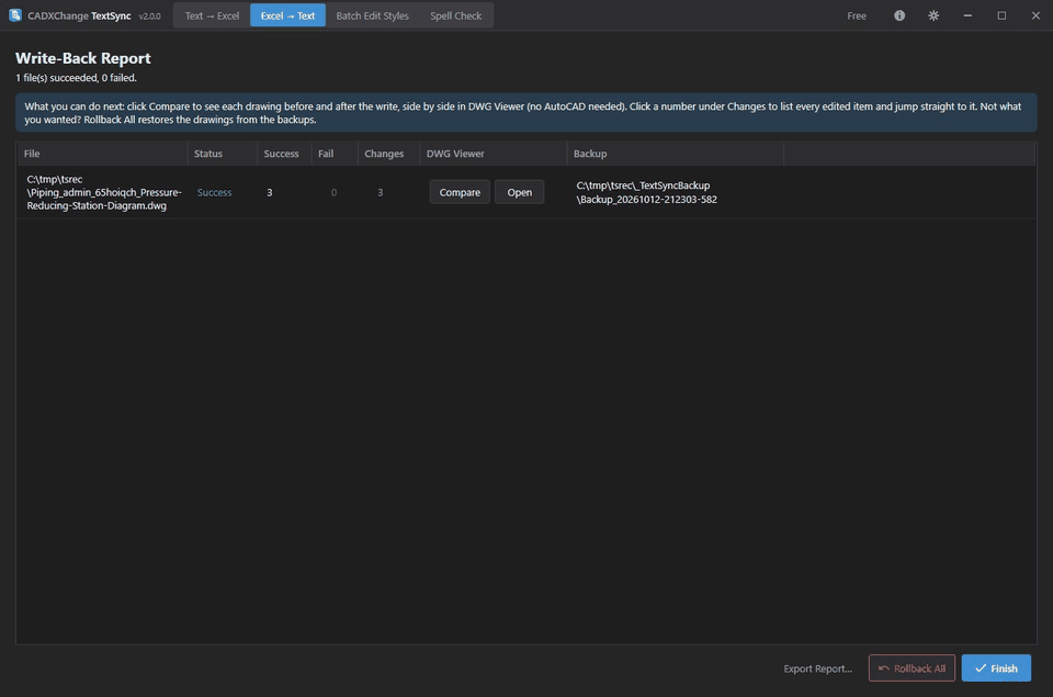O DWG Viewer mostrando um desenho gravado pelo TextSync, de antes e de depois da gravação, lado a lado, com só os textos alterados marcados.